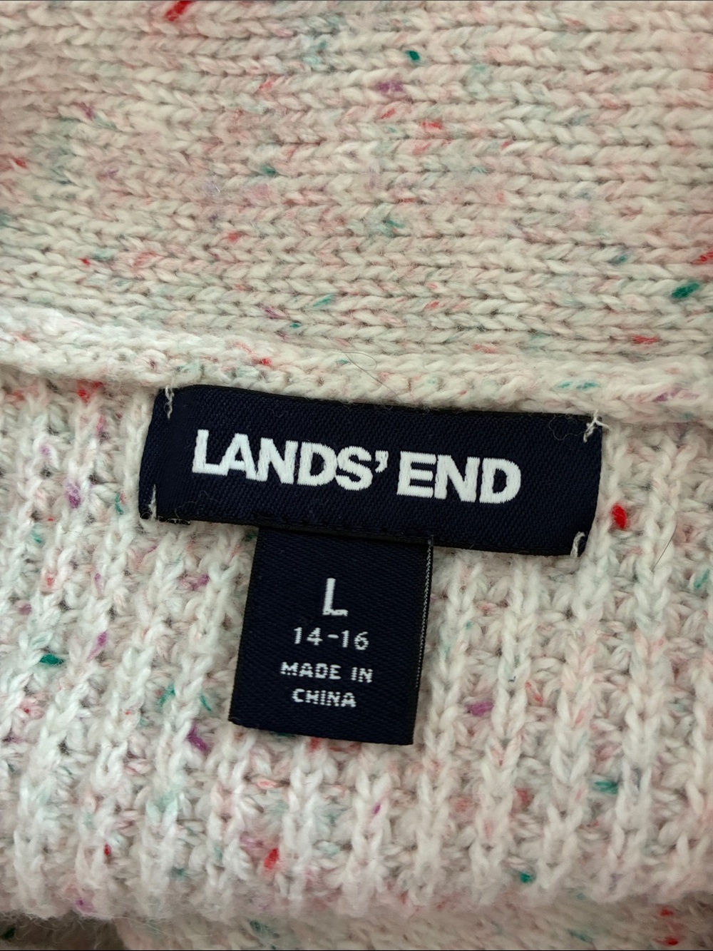 Lands' End Cream Speckled Shawl-Collar Sweater
